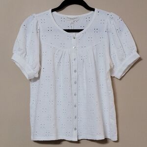 NWT Downeast Gentry Button White Eyelet Banded Sleeve Cuff Blouse Women's XS